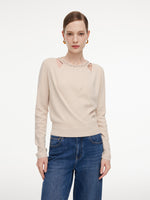 Tencel Wool Blend Beaded Neck Women Cut-Out Wrap Knit Top GOELIA