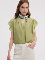 Acetate Blend V-Neck Women Ruffle Sleeve Blouse GOELIA