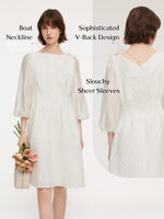 Jacquard Boat Neck Women Midi Dress With Detachable Flower GOELIA