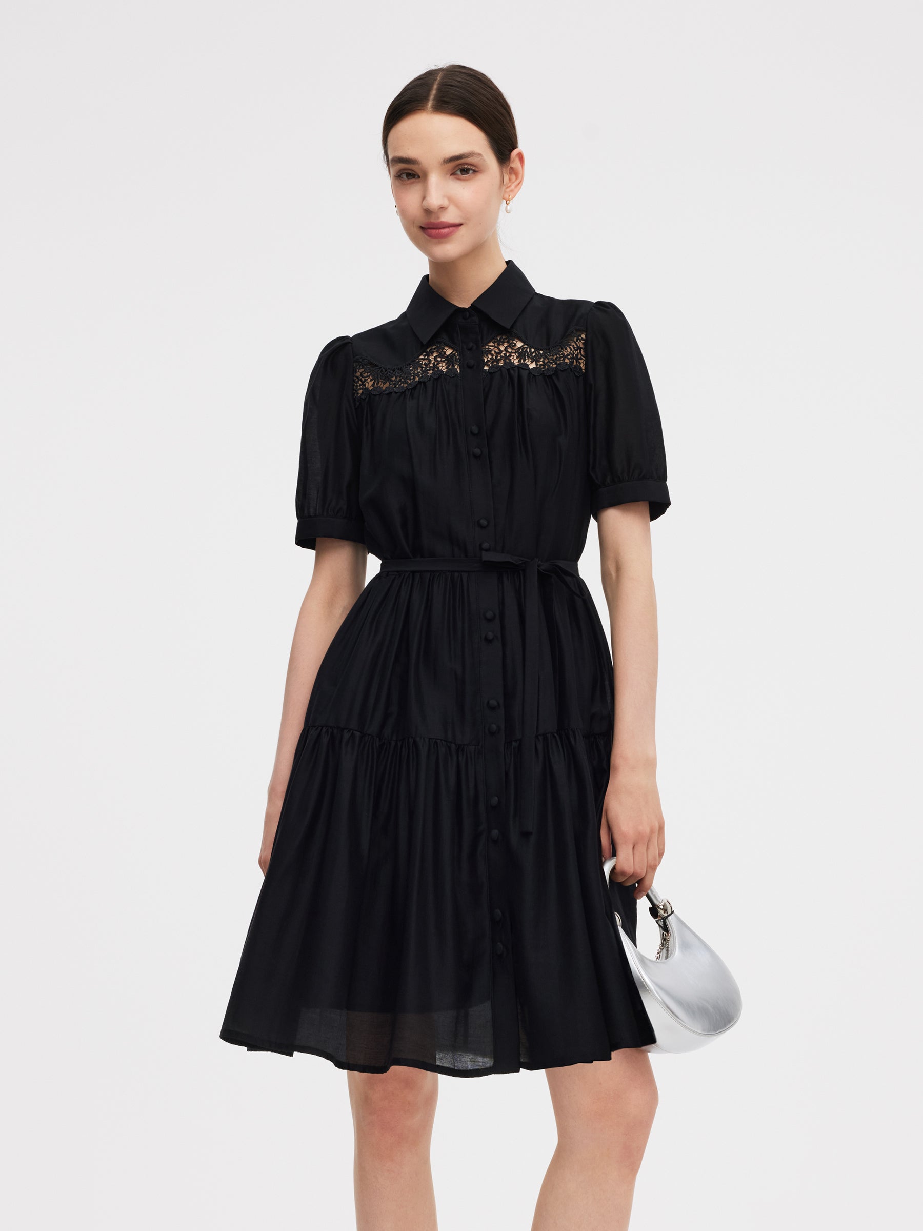 Tencel Blend Women Tiered Mini Dress With Ribbon GOELIA