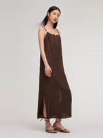 100% Linen Women Strap Maxi Dress With Tie String Belt GOELIA
