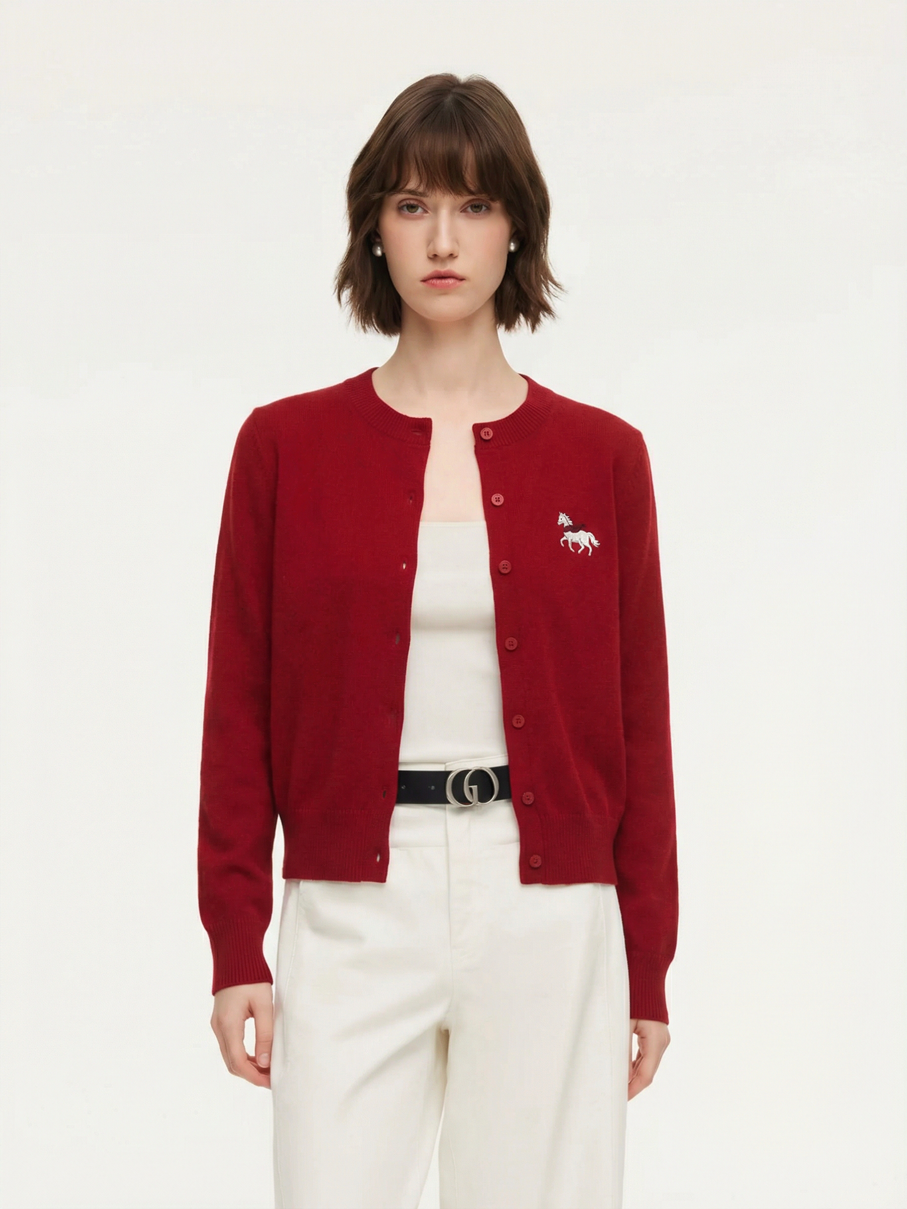 100% Wool Color Block Pony Embroidered Women Cardigan GOELIA