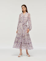 Floral Printed Tiered Women Maxi Dress With Belt GOELIA