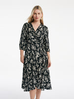 Camellia Printed V-Neck Ruffle Hem Women Midi Wrap Dress GOELIA