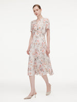 19MM Mulberry Silk Floral Print Twist Front Women Midi Dress GOELIA