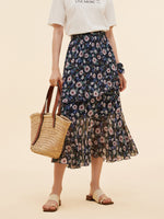 10MM Mulberry Silk Floral Print Women Tiered Skirt GOELIA