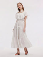 Tencel Blend Conovertible Neck Women Gathered Waist Maxi Dress With Floral Ribbon GOELIA