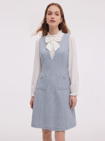 Acetate Blend Ruffle Neck Women Mini Dress With Detachable Bow GOELIA