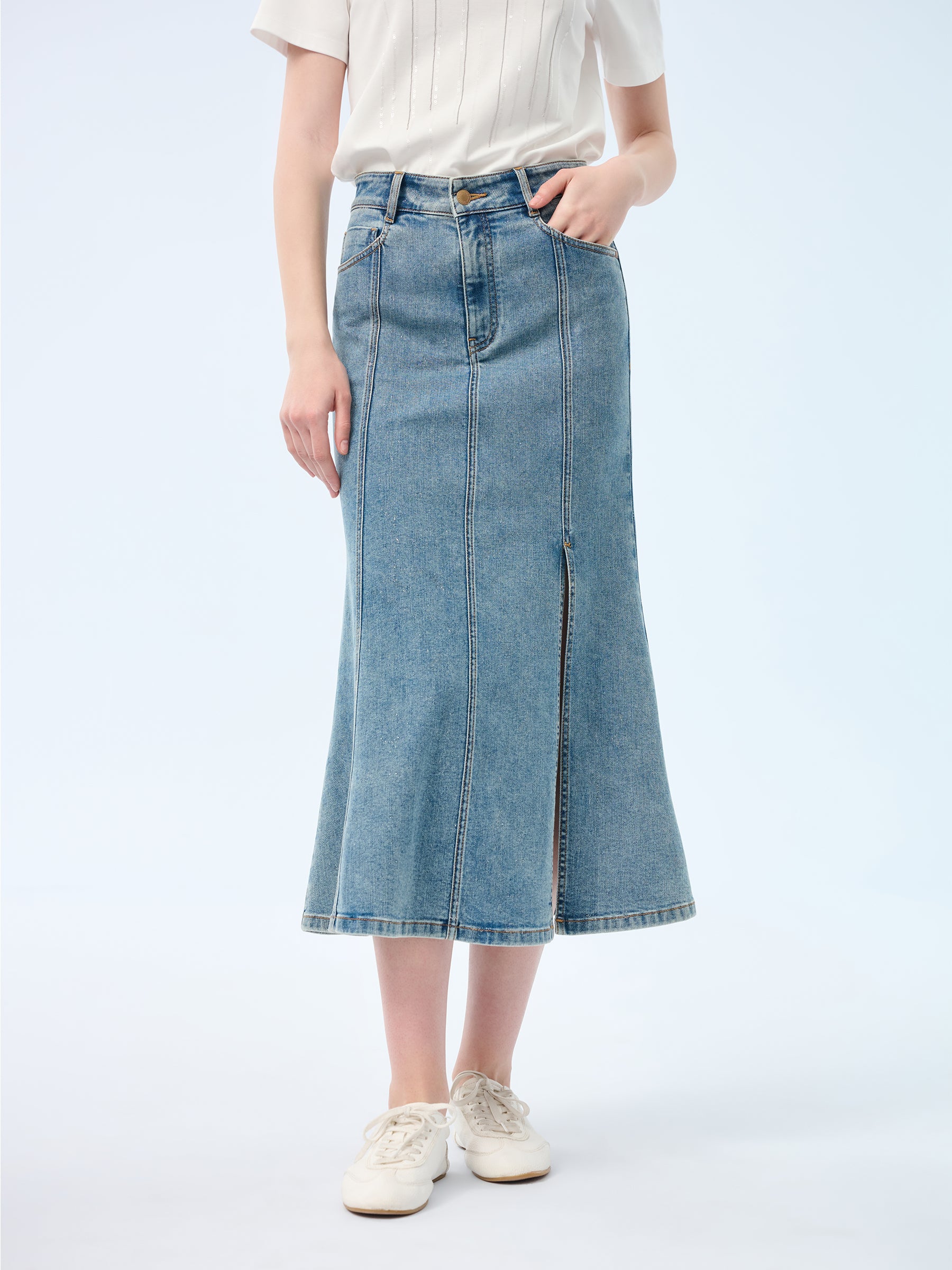 Denim Side Slit Women Eight-Panel Skirt GOELIA