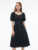 Cotton Blend Square Neck Women Puff Sleeve Midi Dress GOELIA