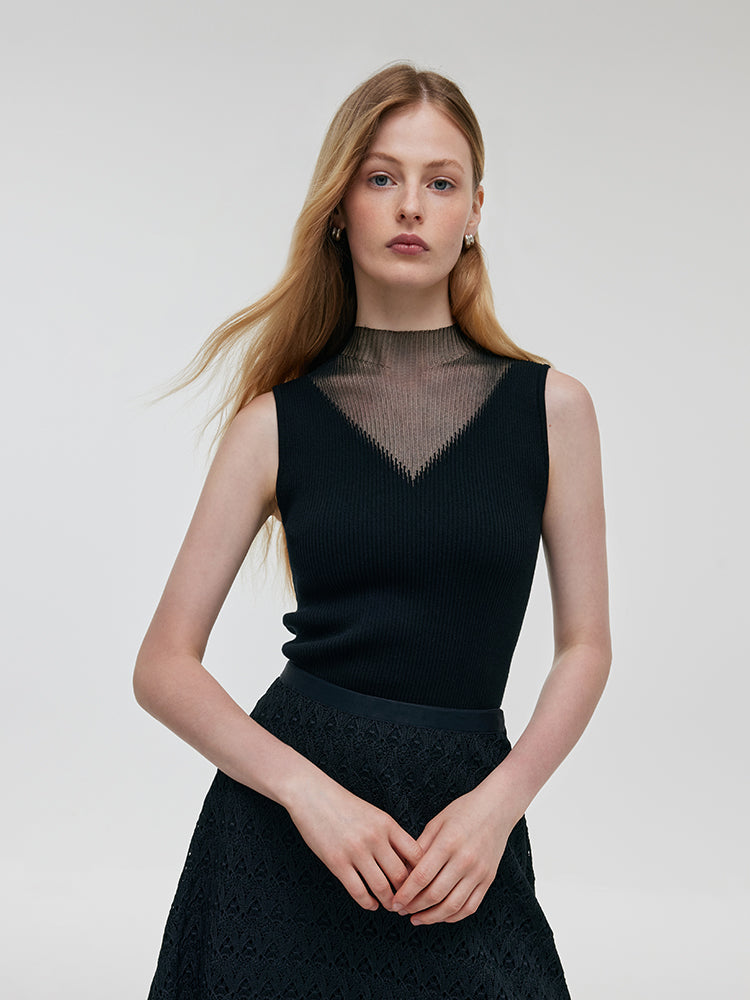 Patchwork Mock Neck Women Knitted Tank Top GOELIA