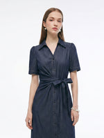 Denim Tie Front Women Shirt Maxi Dress GOELIA