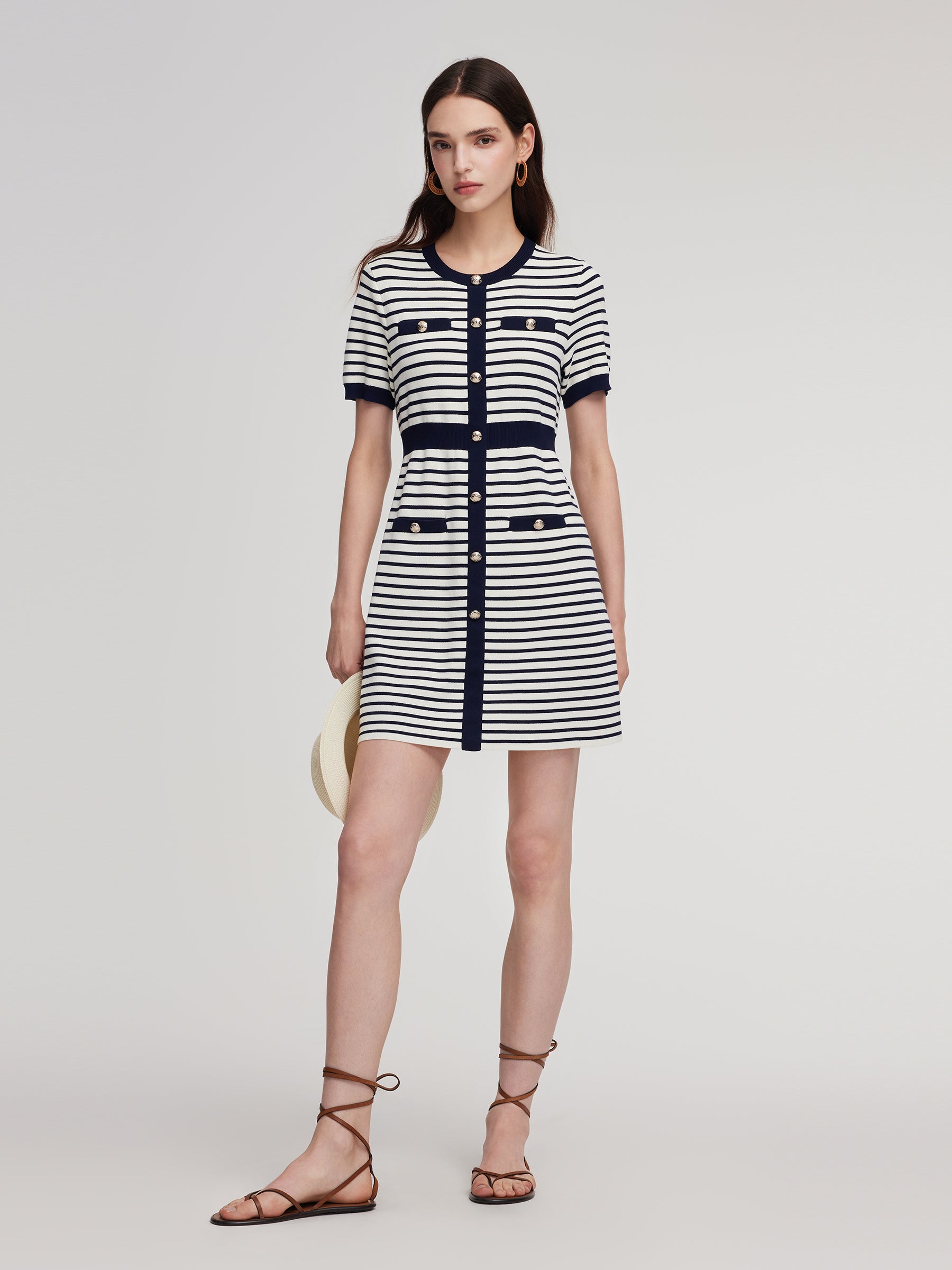 Lyocell Blend Stripe Gathered Waist Women Knit Mini Dress GOELIA