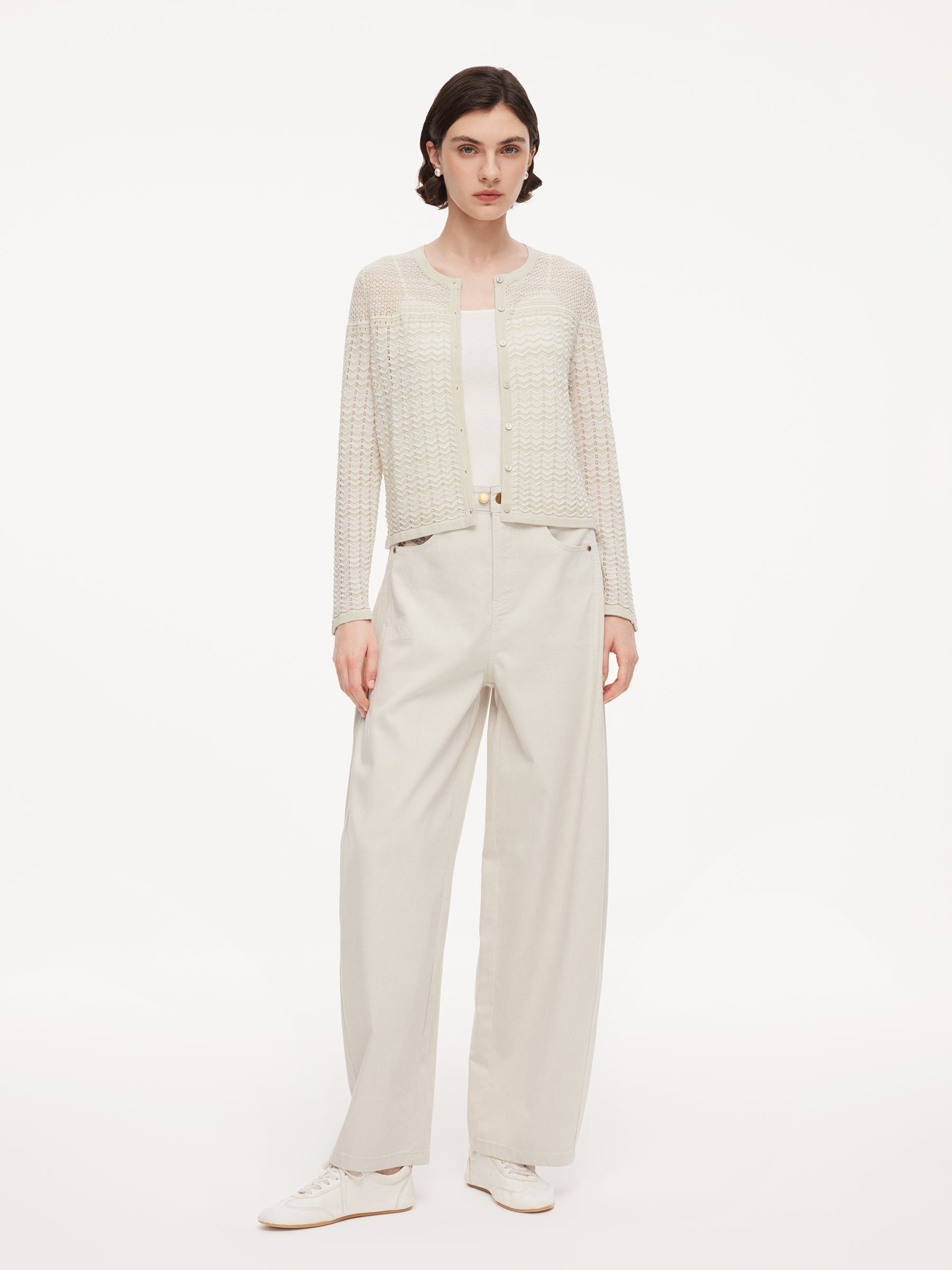 Acetate Cotton Blend Gradient Jacquard Women Openwork Cardigan GOELIA