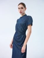 Tencel Blend Denim Side Twist Women Qipao Midi Dress GOELIA