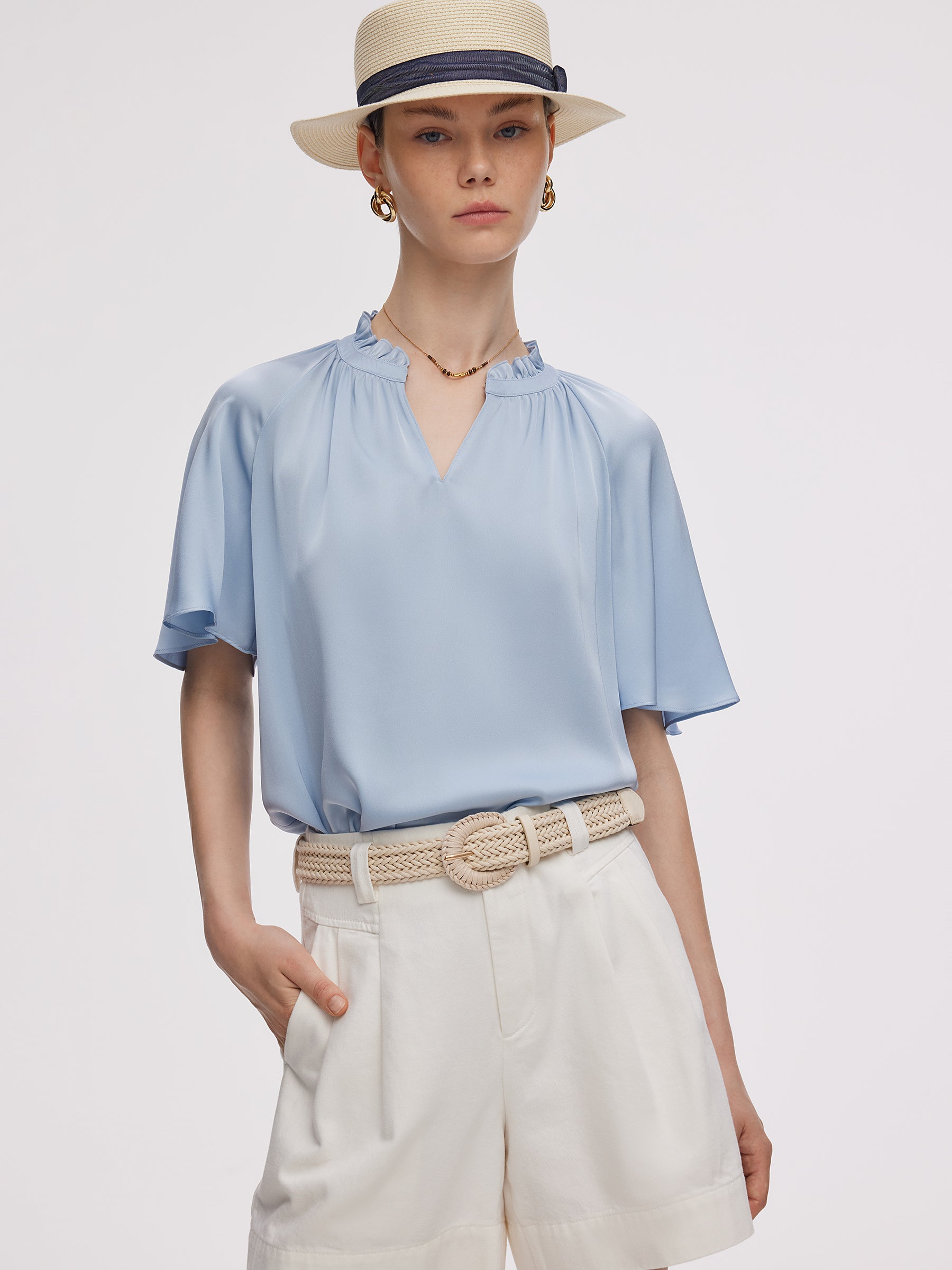 22MM Mulberry Silk Women Ruffle Sleeve Blouse GOELIA