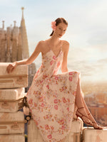 100% Linen Rose Print Women Halterneck Slip Maxi Dress GOELIA