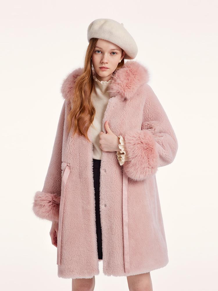 Pink Mid-Length Ruched Velour Coat With Adjustable Ties GOELIA