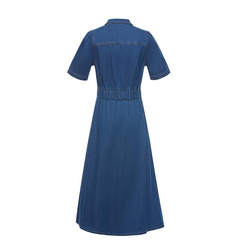 V-neck Gathered Waist Denim Midi Collared Dress GOELIA