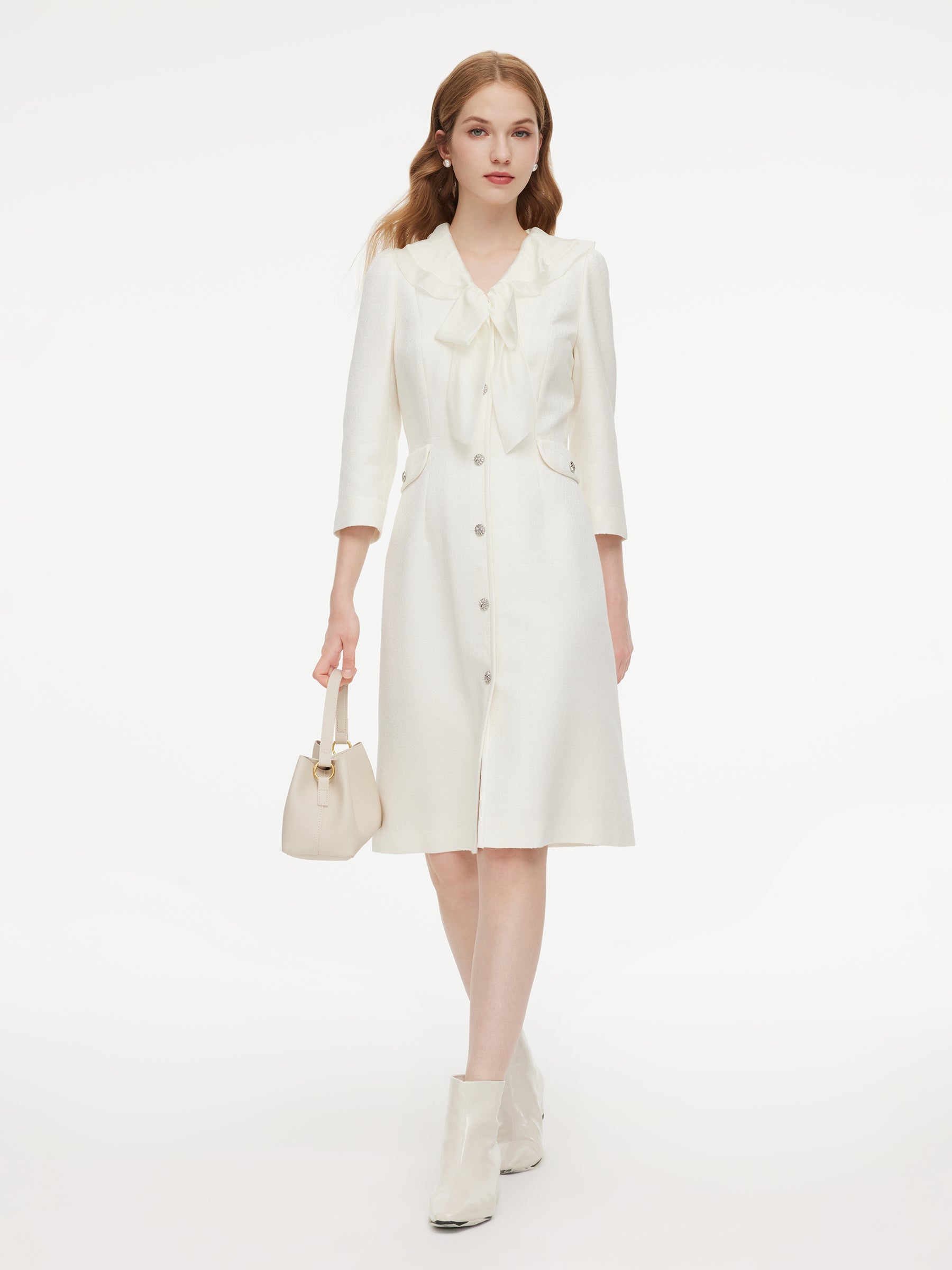 Wool Blend Tweed 3/4 Sleeve Women Midi Dress With Detachable Ruffle Collar GOELIA
