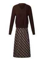 [Preview] V-Neck Knit Top And Plaid Skirt Two-Piece Set With Ribbon GOELIA