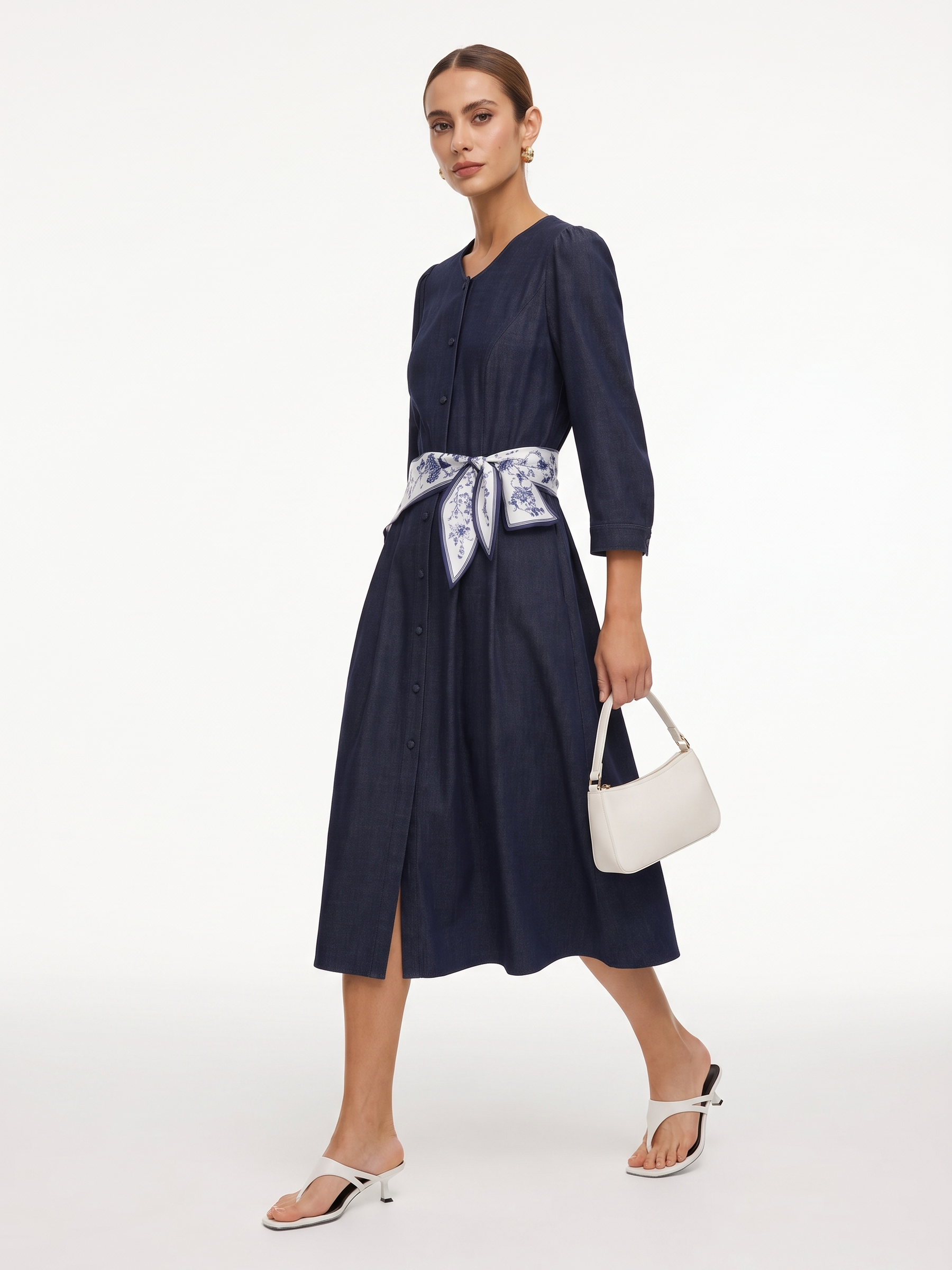 V-Neck Belted Women Denim Look Maxi Dress With Detachable Floral Print Silk Collar GOELIA