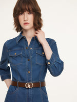 Denim Gathered Waist Women Maxi Dress With Belt GOELIA