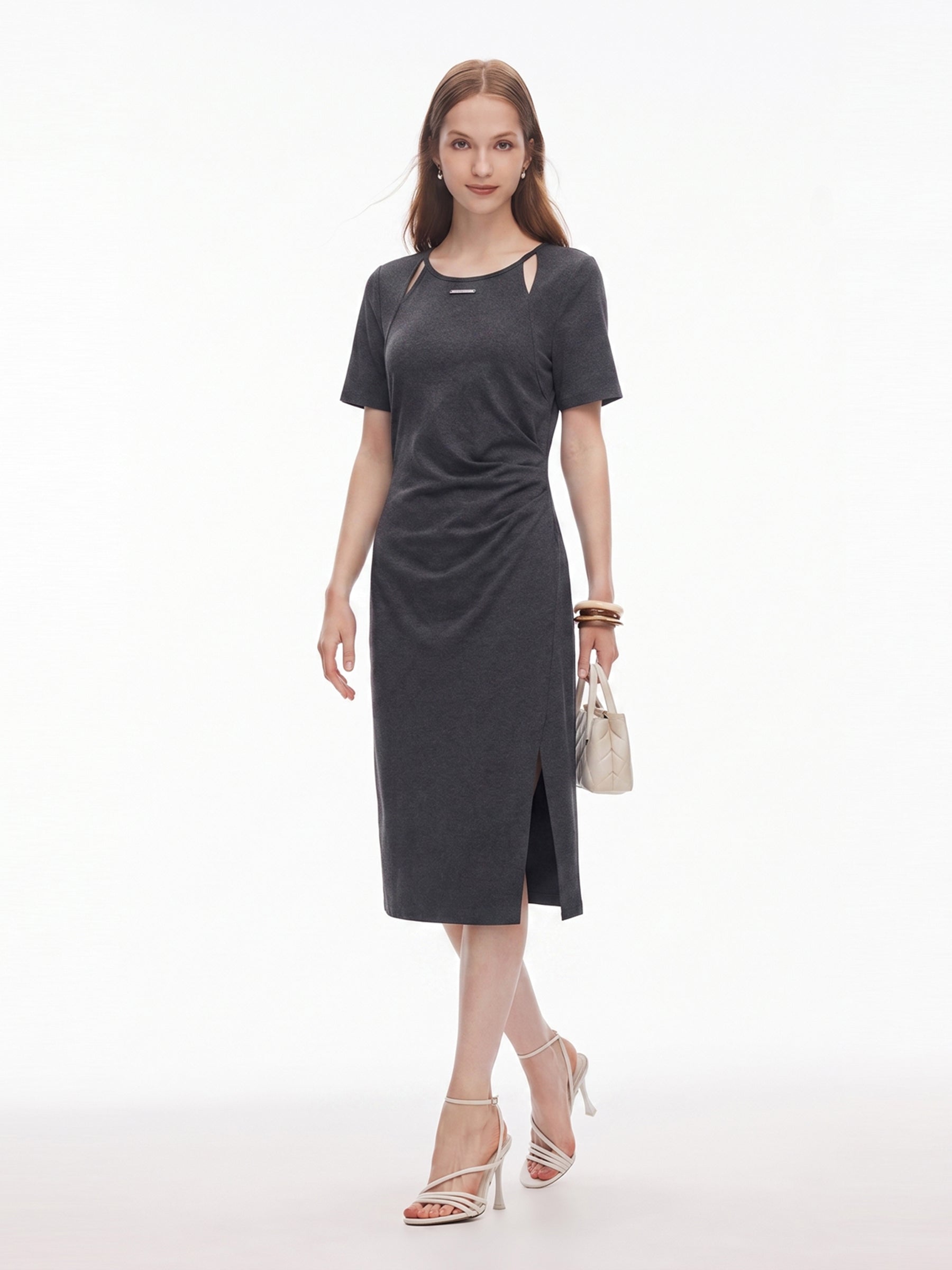 Cut Out Side Twist Women Knit Midi Dress, Dark Grey / XS