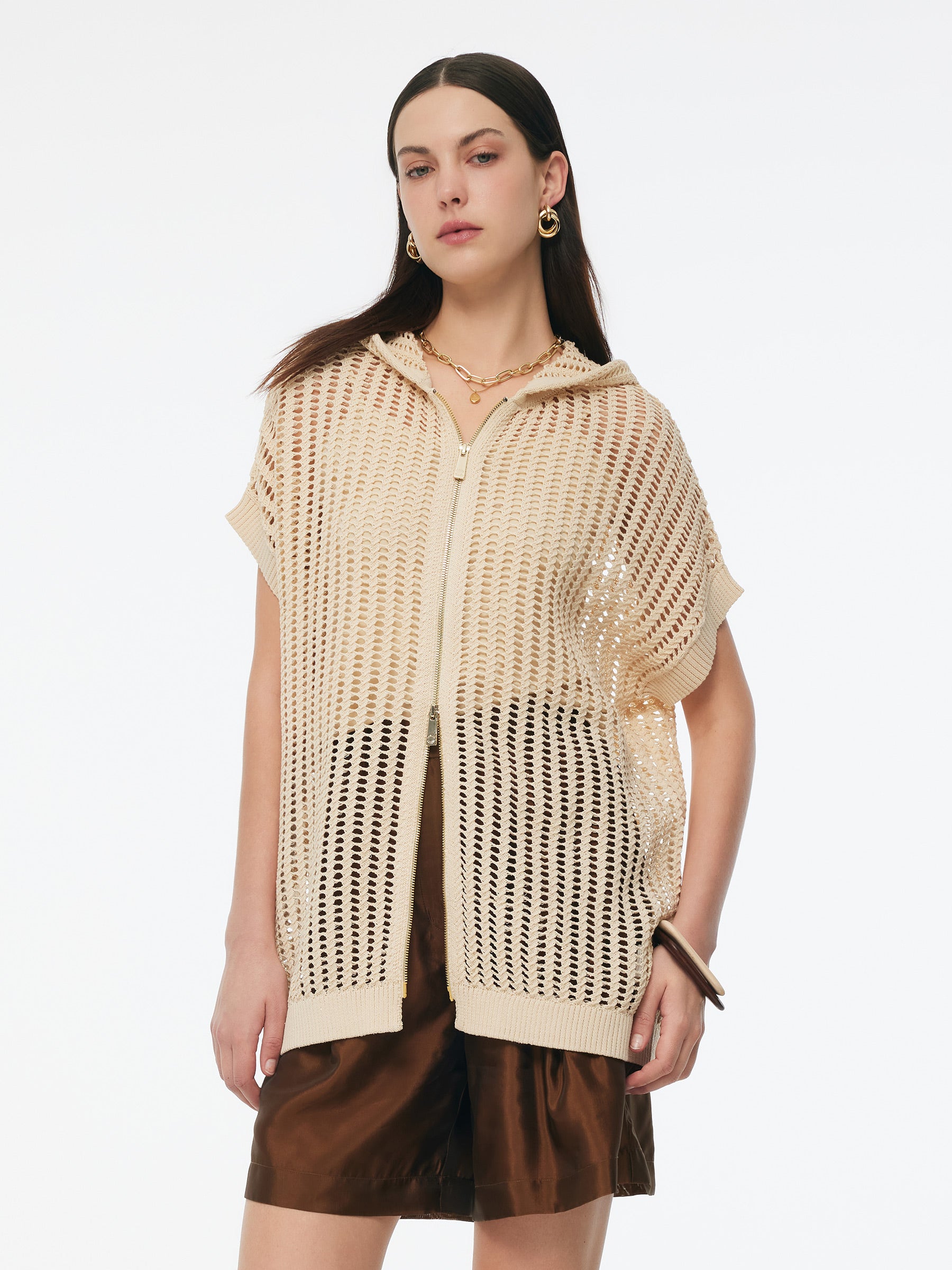 Sequins Stretch Zip-Up Women Openwork Hooded Cardigan GOELIA