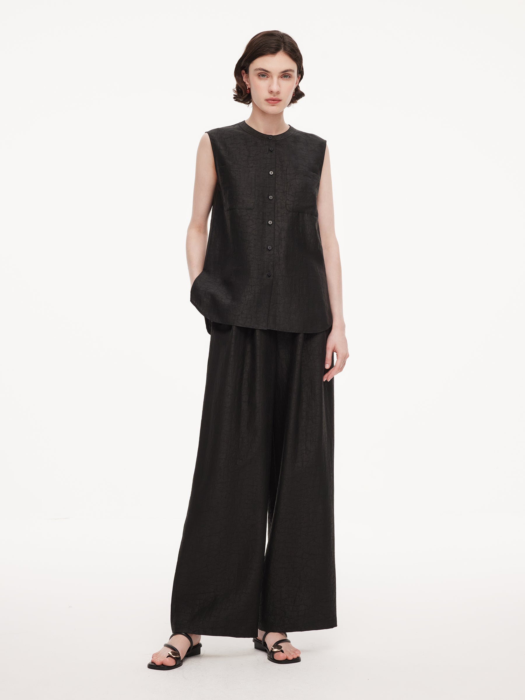 18MM Gambiered Canton Gauze Women Drawstring Waist Wide Leg Pants GOELIA