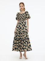 Cotton Stretch Floral Print Women Smocked Maxi Dress GOELIA