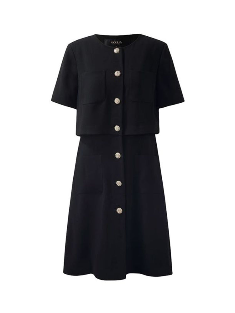 Triacetate Square Neck Double-Breasted Women Mini Dress