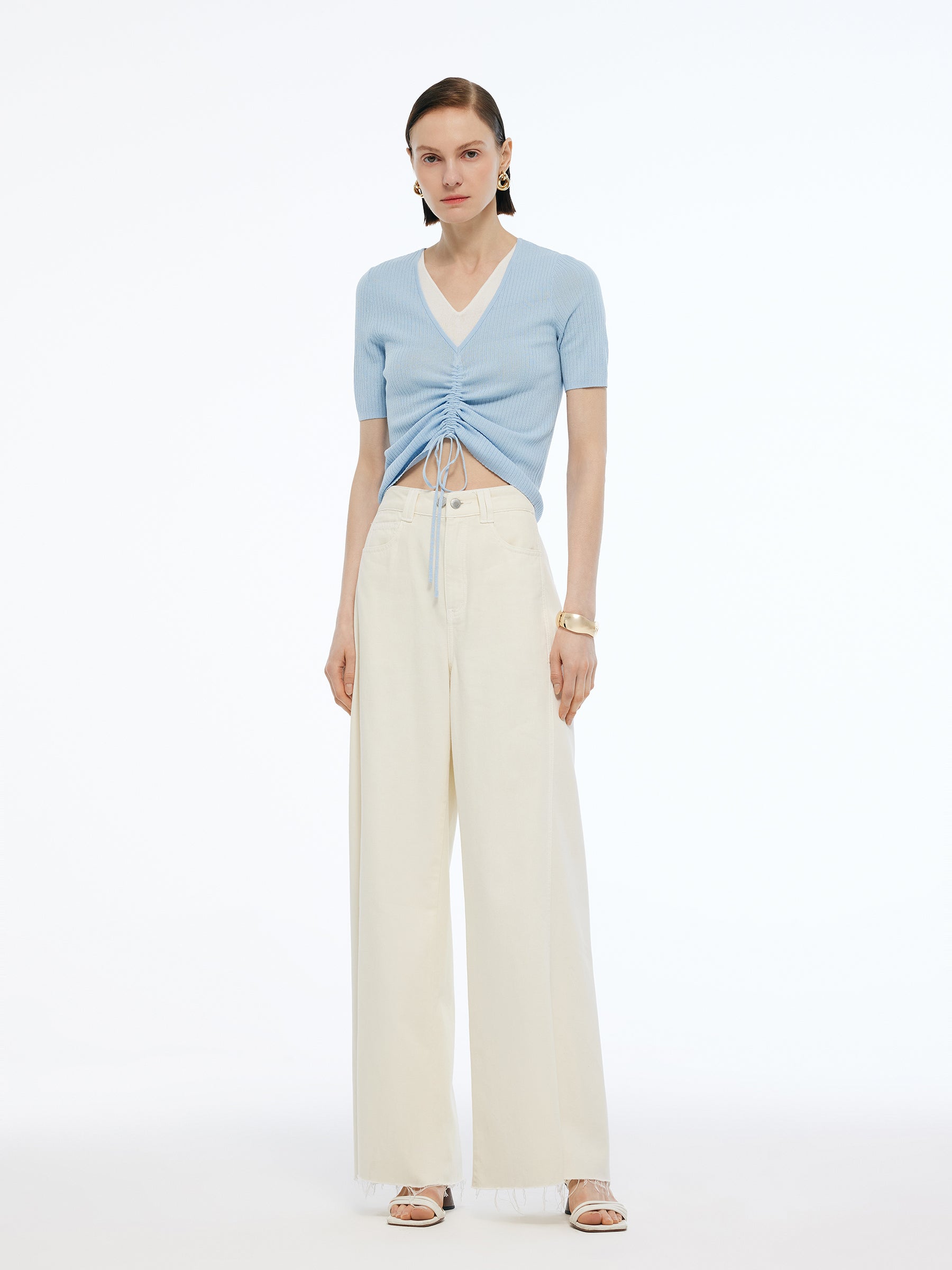 Lyocell Blend Drawstring Women Patchwork Knit Top GOELIA