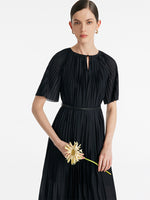 Pleated Round Neck Women Midi Dress With Leather Belt GOELIA