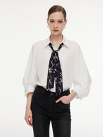 [Preview] 100% Cotton 3/4 Sleeve Women Shirt With Ribbon Print Silky Scarf GOELIA