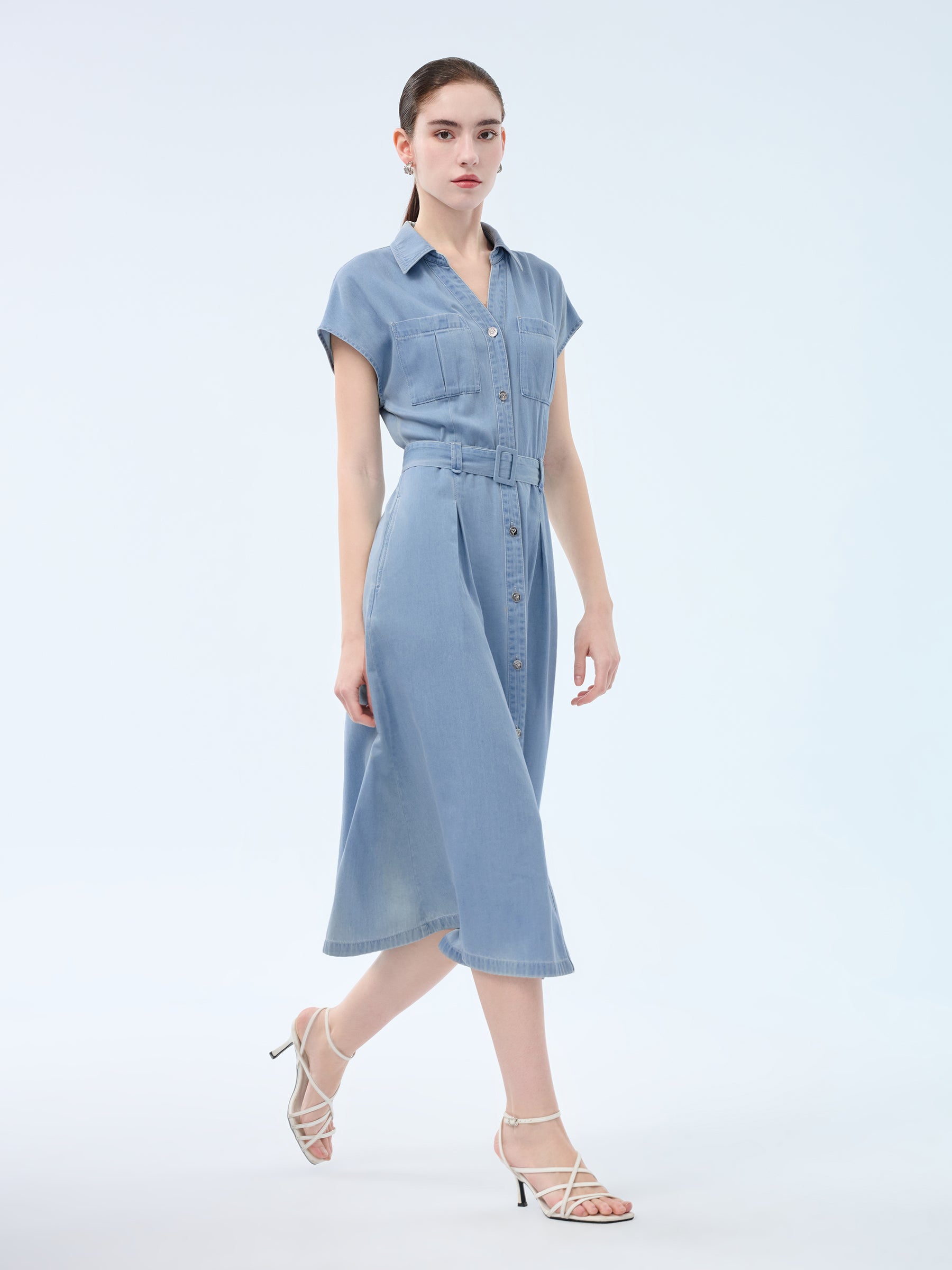 100% Cotton Denim Women V-Neck Maxi Shirt Dress With Belt GOELIA