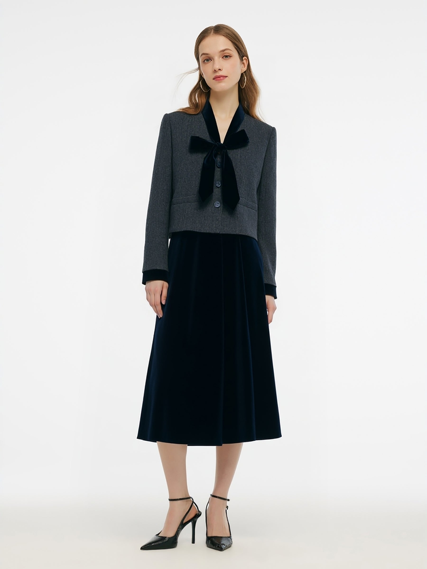 100% Washable Wool Jacket And Velvet Skirt Two-Piece Set With Ribbon GOELIA