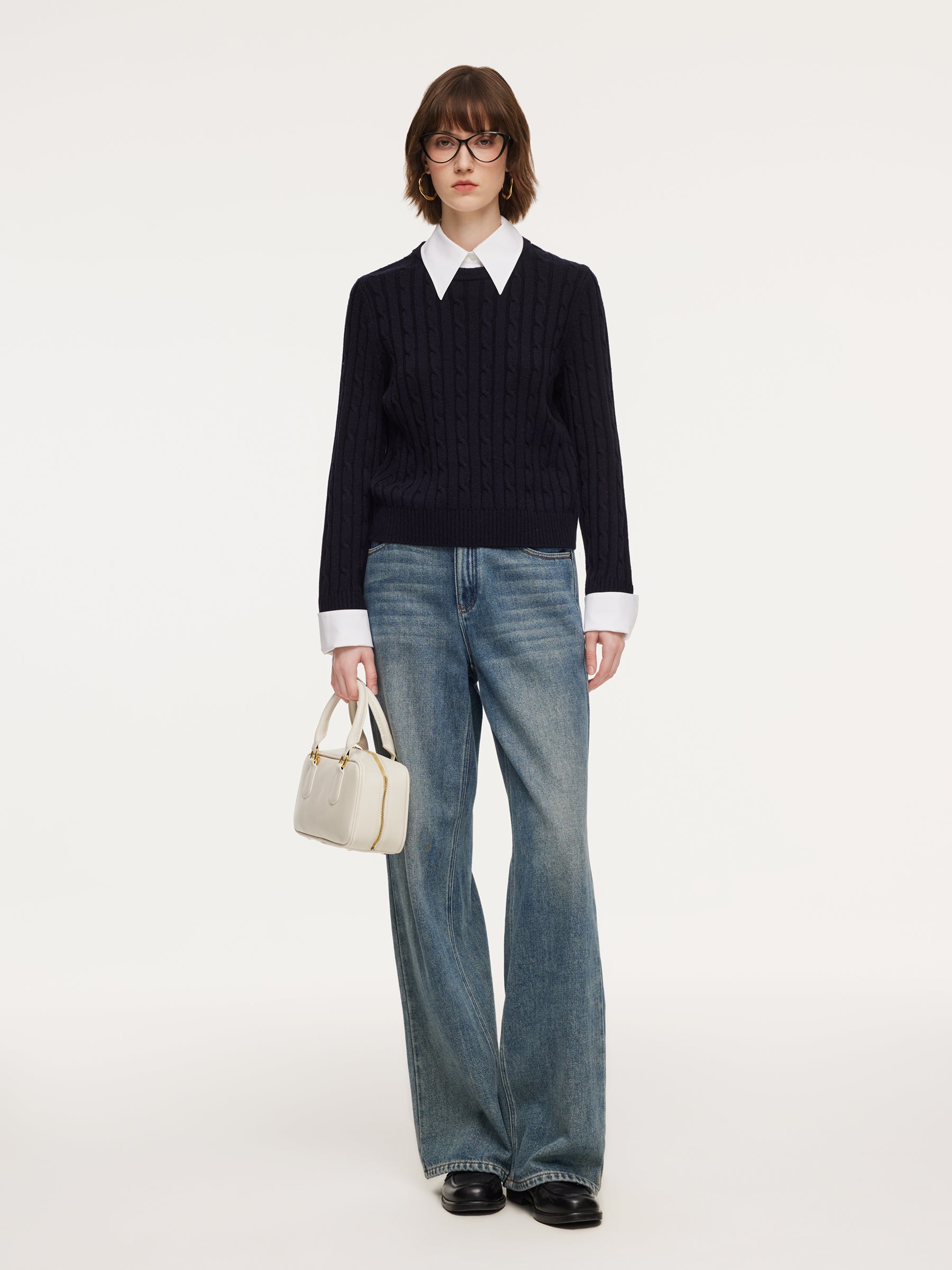 Wool Blend Cable Knit Women Sweater With Detachable Collar And Cuffs GOELIA