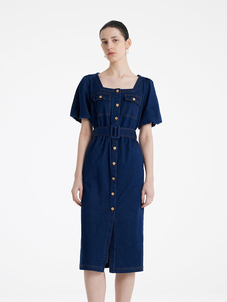 Puff Sleeves Square Neck Denim Women Midi Dress With Belt GOELIA