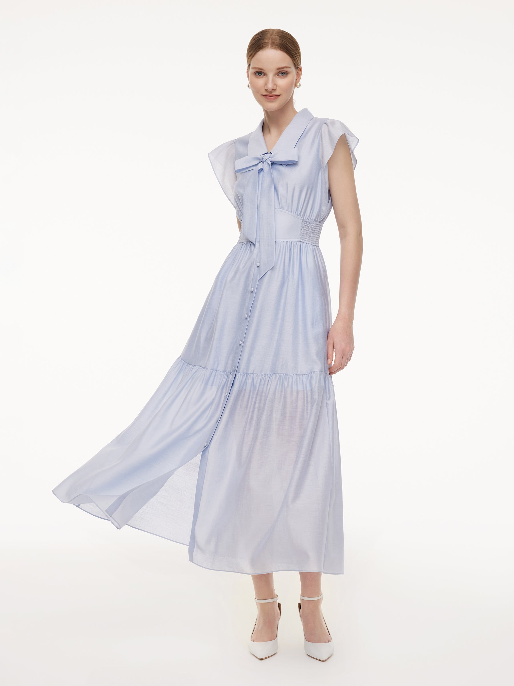 Tencel Acetate Blend Ruffle Cap Sleeve Women Maxi Dress With Ribbon GOELIA