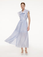 Tencel Acetate Blend Ruffle Cap Sleeve Women Maxi Dress With Ribbon GOELIA