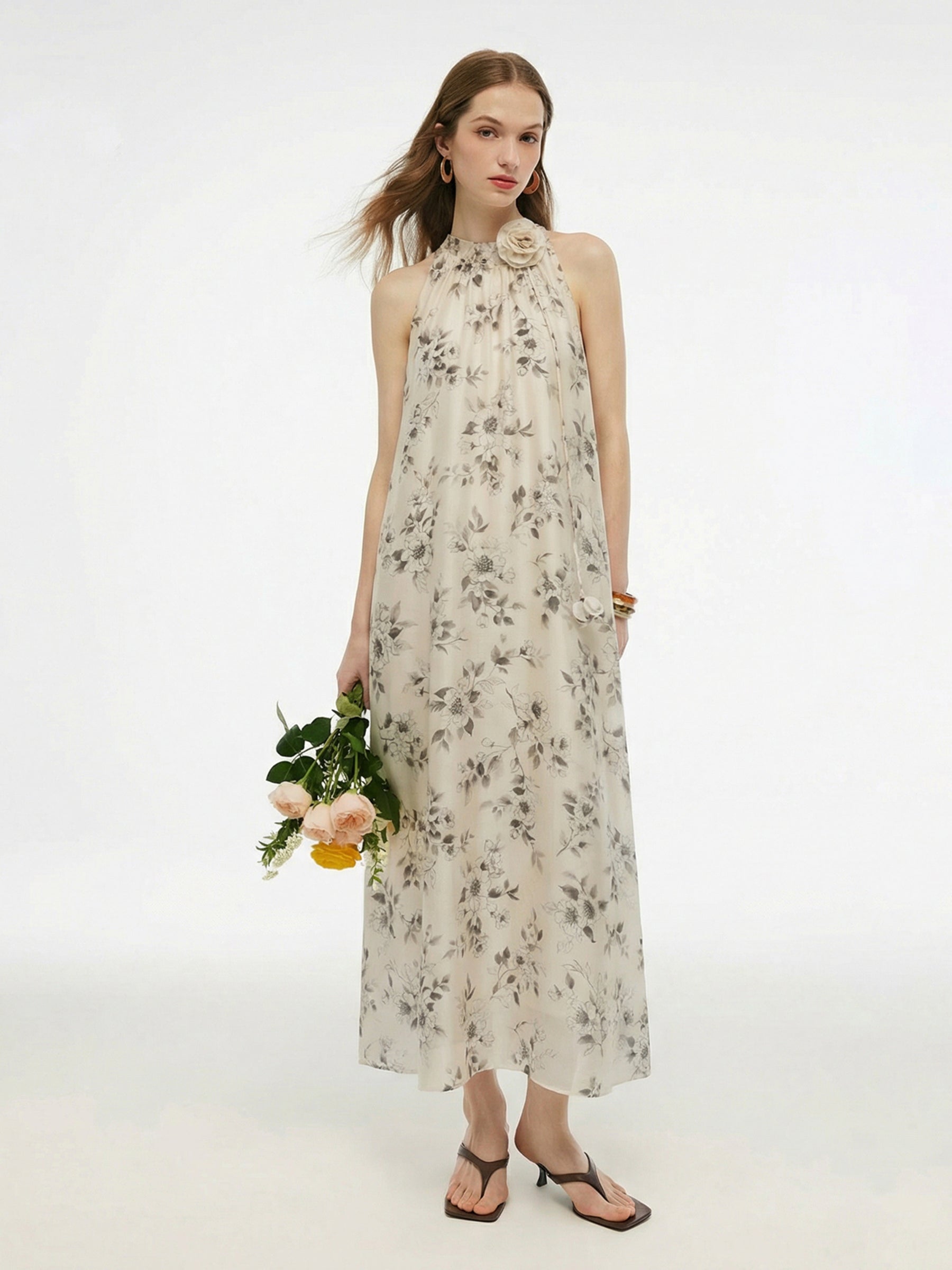 Floral Print Women Halter Maxi Dress With Ribbon GOELIA