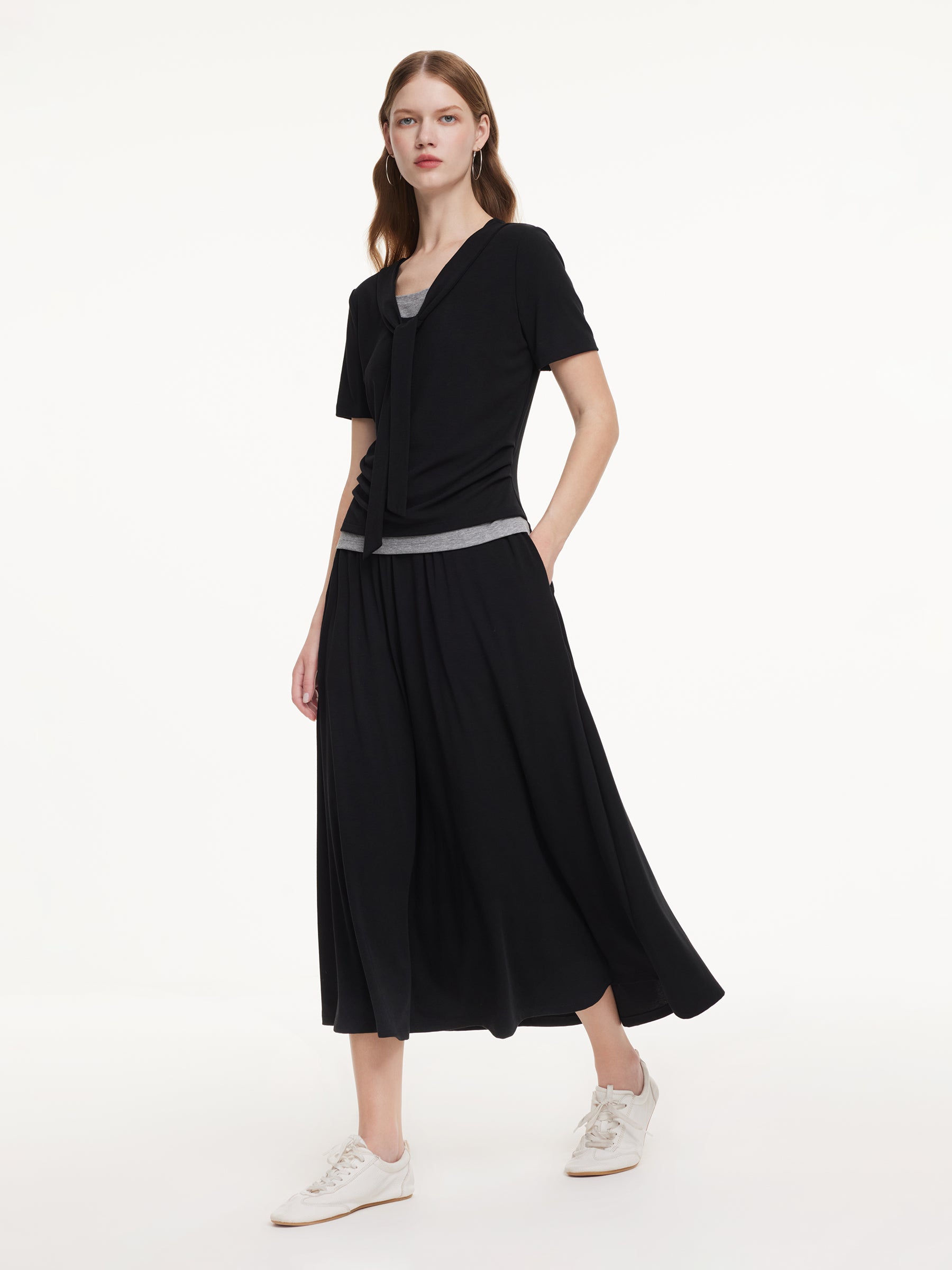 Modal Tie Front Stretch Knit Top And Skirt Two-Piece Set GOELIA