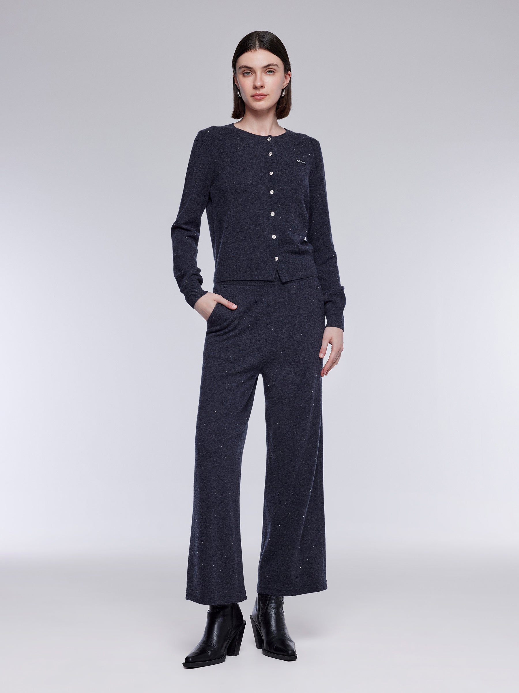 100% Merino Wool Rhinestone Women Knit Pants GOELIA