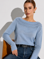 Linen Cotton Blend Pointelle Knit Boat Neck Women Knit Top GOELIA