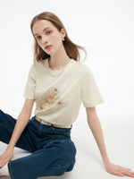 Flower Print Women Knit T-Shirt GOELIA