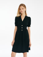 Tencel-Acetate Blend V-Neck Gathered Waist Women Mini Dress GOELIA