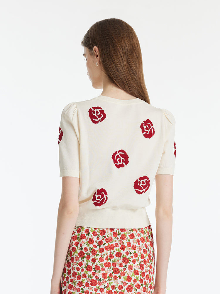 Tencel-Silk Blend Ruched Women Knit Top With Rose Shaped Button