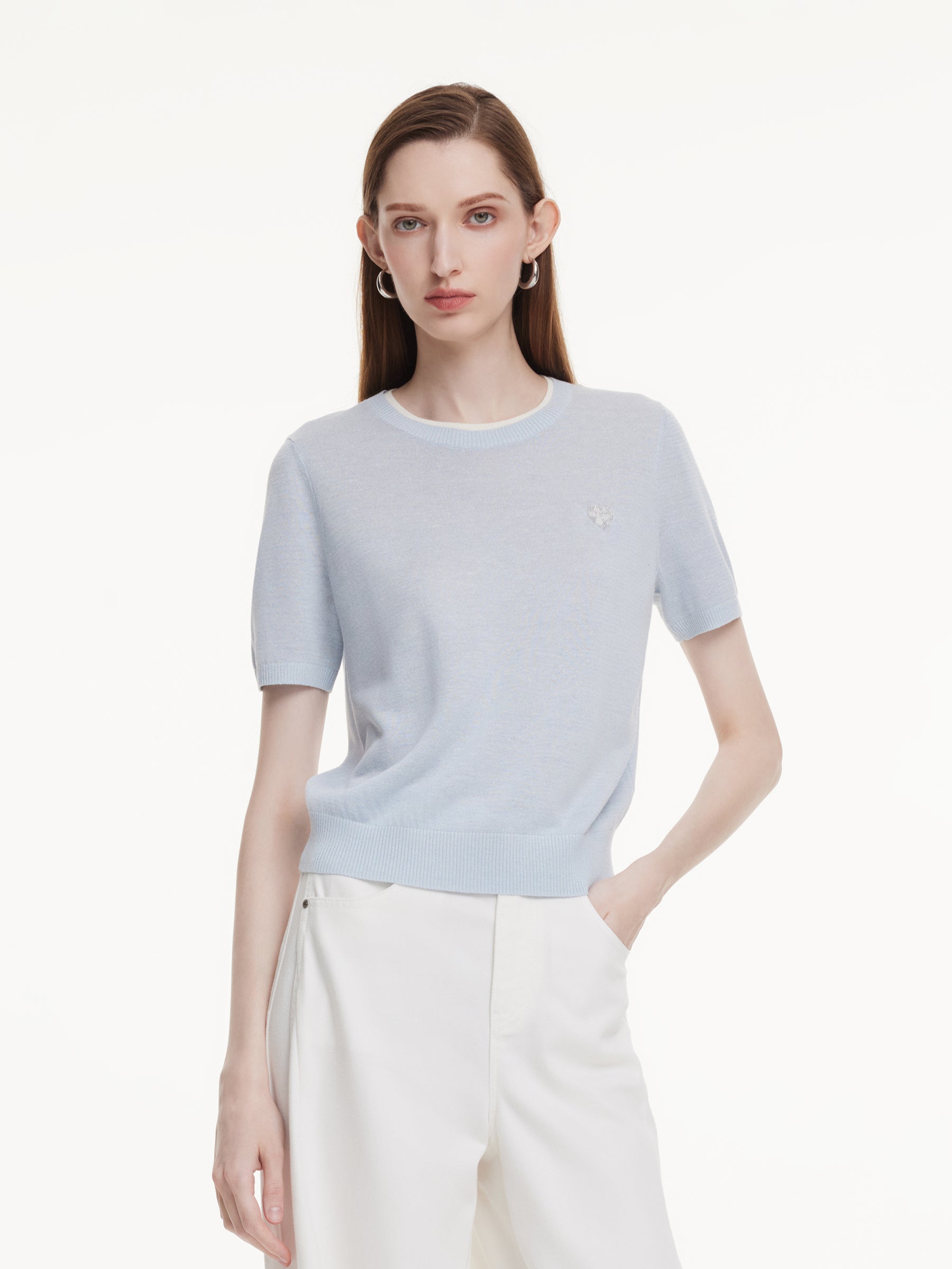 Linen Blend Contrast Round Neck Women Knit Top GOELIA