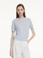 Linen Blend Contrast Round Neck Women Knit Top GOELIA
